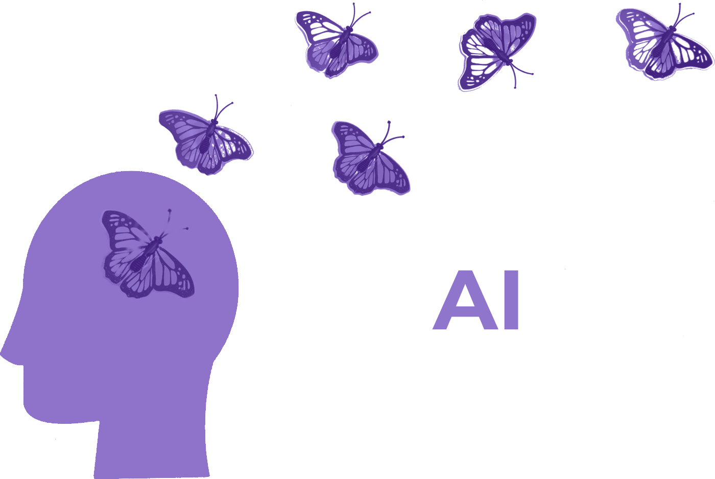 A violet head releasing butterflies — wisdom scaling and deploying far beyond one mind